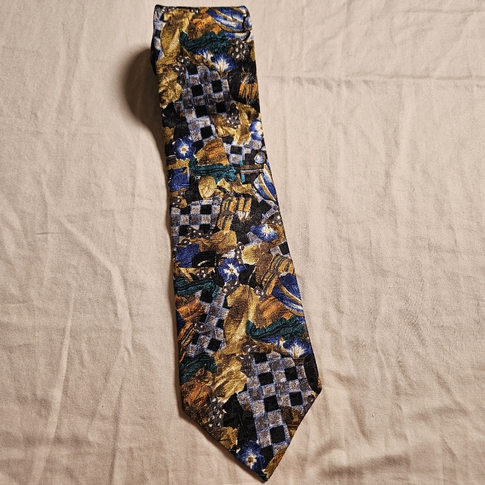 Ermenegildo‎ Zegna Men's Tie Vintage 100% Silk Blue Gold Tan Geometric Floral